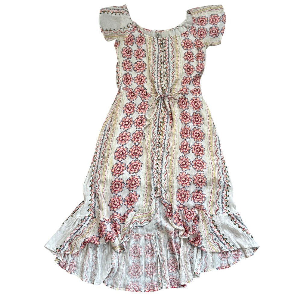 American Rag High Low Dress Womens Large White Floral Boho Ruffle Cap Sleeve